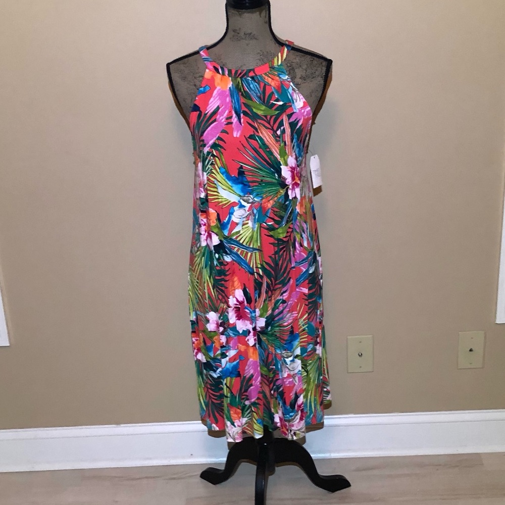 NWT Time & Tru Tropical Palm & Floral Print Swingy Sundress.  Size Medium